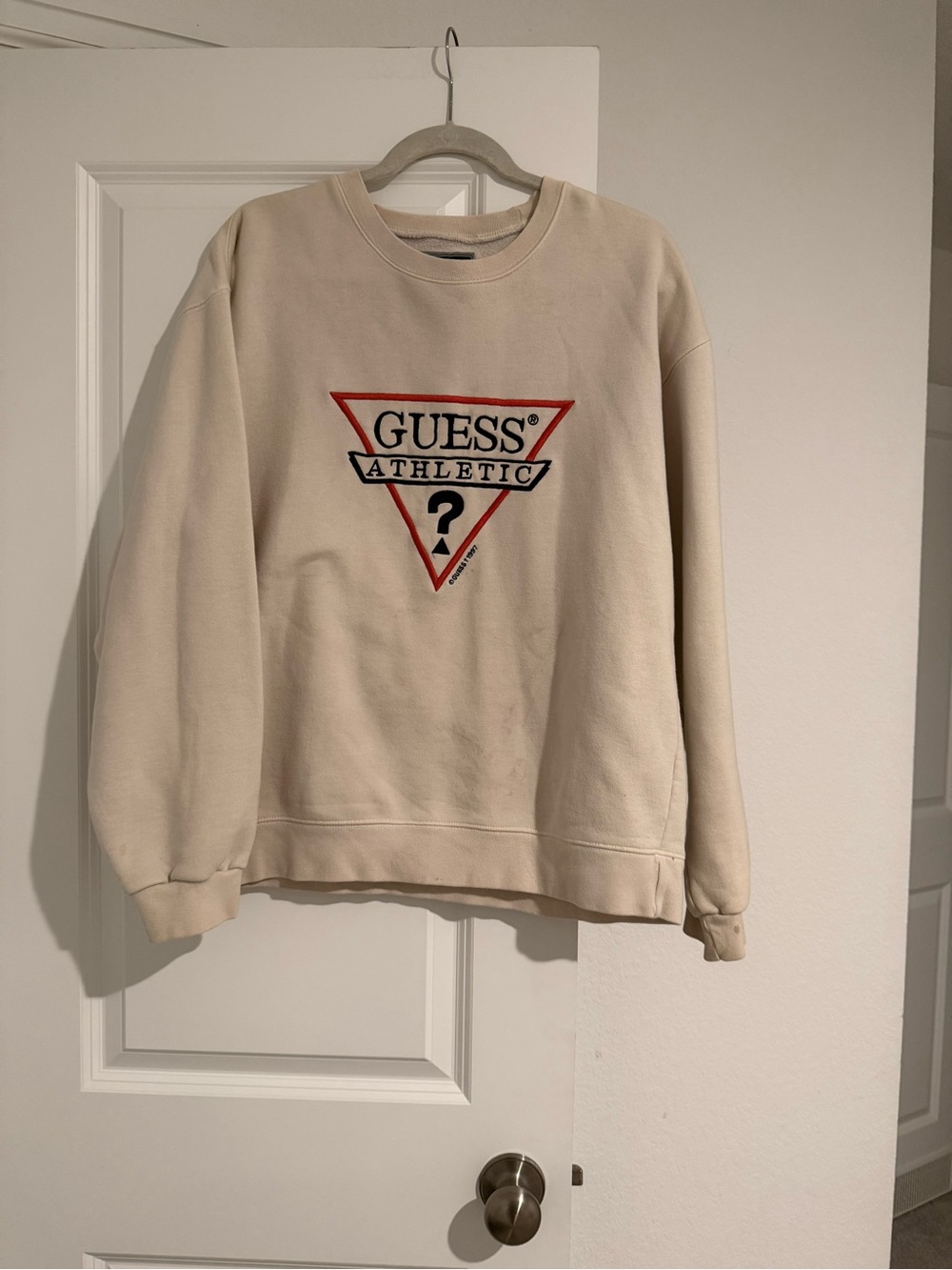 GUESS Cream Crewneck Sweatshirt with Red Logo